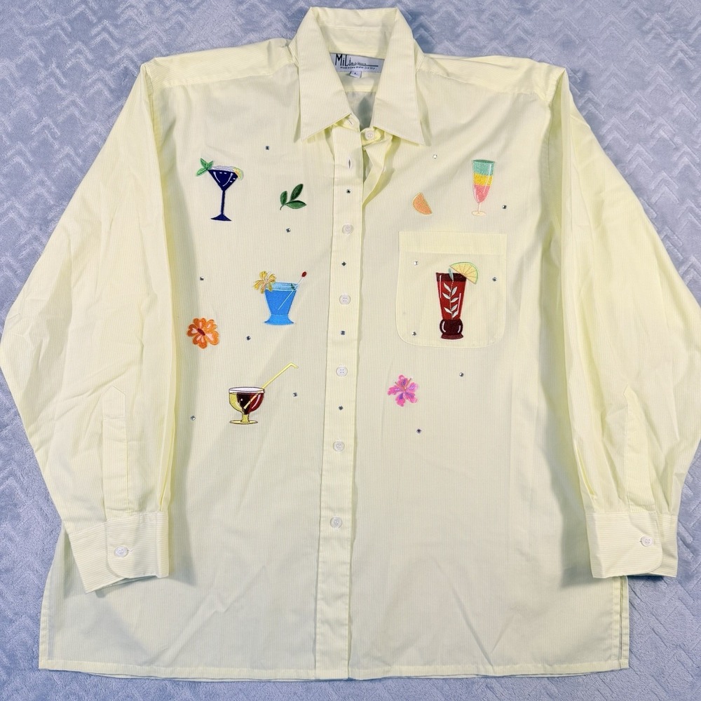 Vintage Women's Button Down Shirt Yellow Cocktail Drinks Appliqués Size Large **